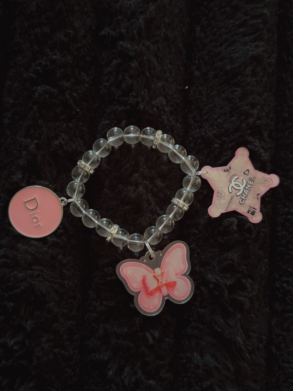 No Boundaries Clear Bead Bracelet with Pink Butterfly & Designer Charms